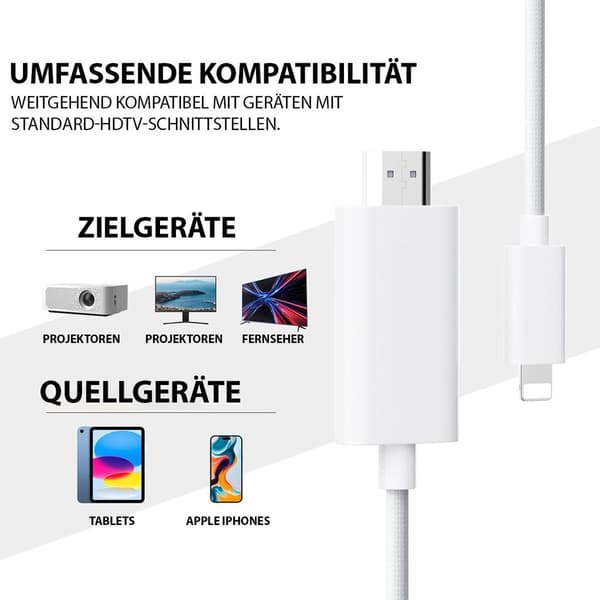 HDMI-kabel, egnet til Apple Lightning-interface til HDTV, HD-adapterkabel, AV-konverteringskabel, 2 m