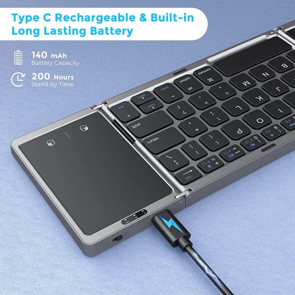 Sammenfoldeligt trådløst BT-tastatur, genopladeligt foldbart tastatur, egnet til PC, Mac, Smartphone, Windows, iOS & Android.