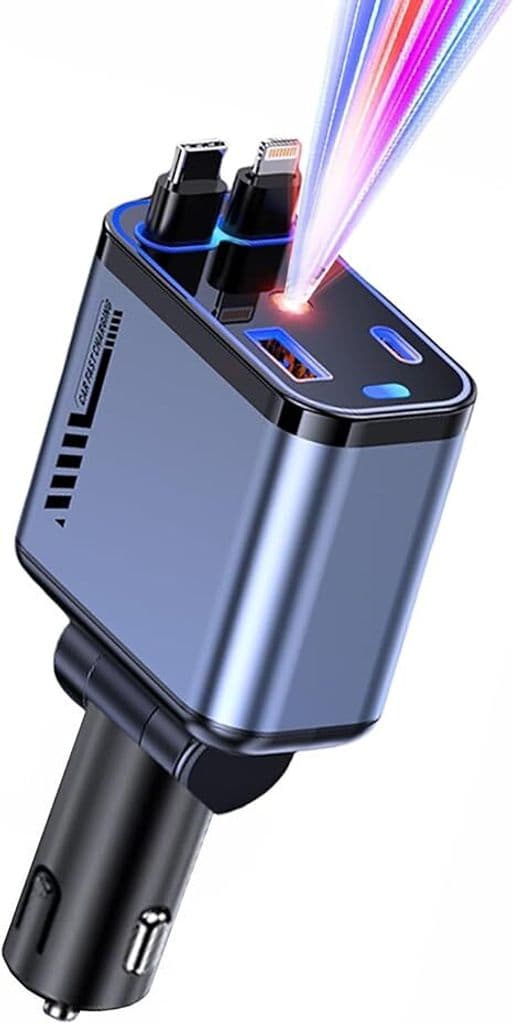 Infällbar billaddare, 120W, 4-i-1 USB-C biladapter, stöder snabbladdning.