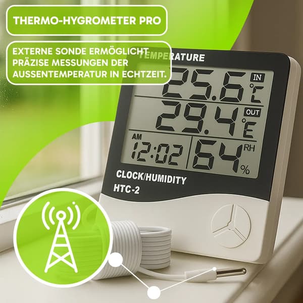 Digitalt termometer og hygrometer med sensor, indendørs ur, termometer- og hygrometerfunktioner, temperaturmåling