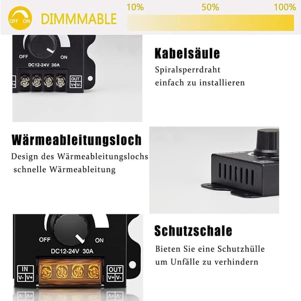 LED lysdæmper, DC 12V-24V, 30A, 360W, PWM-controller, sort aluminiumshus (2)