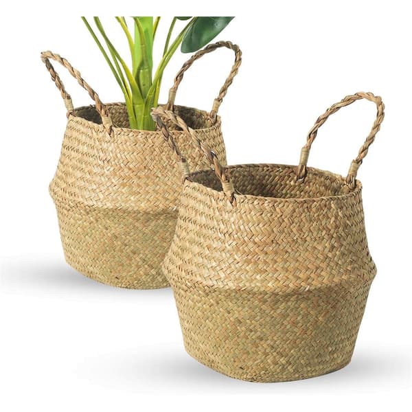 2-pack vävda växtkorgar, pilkorgar för inomhusplanteringar med plastfoder och handtag, naturlig växtkruka, ormbunksfikonträd