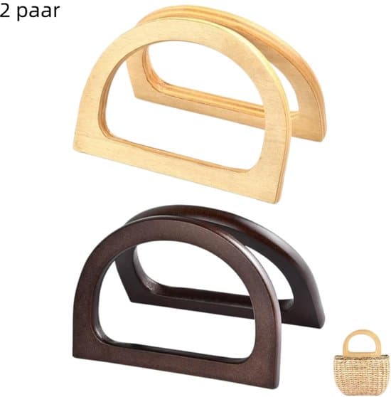 4-delat set - Trähandtag för handväskor - D-format handtag - Lämpligt för virkade väskor, träplånböcker, strandväskor - Beige + Brun - 12 x 8,5 cm