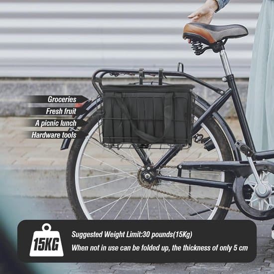 Enkelt cykelkurv, sammenklappelig frontkurv, robust, holdbar, inkluderer sort PU-foring, quick-release system, til transport af dagligvarer