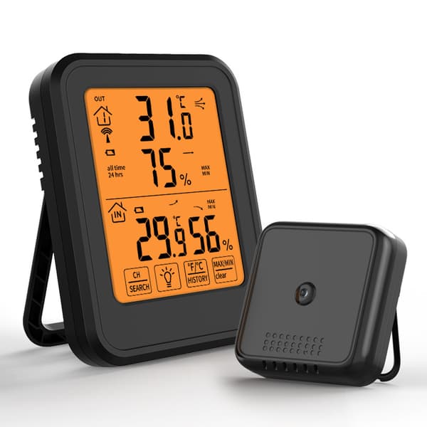 Trådlös termohygrometer, digital termometer, hygrometer, inomhus-/utomhushygrometer, LCD-display (svart---batteri ingår ej)
