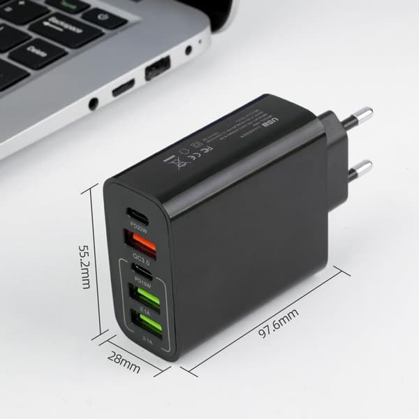 USB-C oplader, PD65W 5V4A PD+3USB opladerstik, hurtig oplader, multi-port hurtig oplader. Velegnet til iPhone, iPad, Google, Samsung &