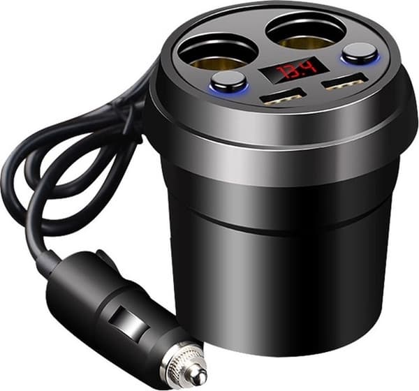 12V Adapter - USB Biloplader - Bilkopholder Splitter - Sort - Interiørtilbehør