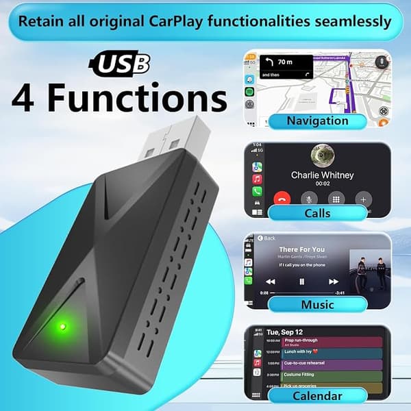 2-in-1 langaton sovitin Apple CarPlaylle ja Android Autolle, iOS 10+ ja 2017+ autoihin.