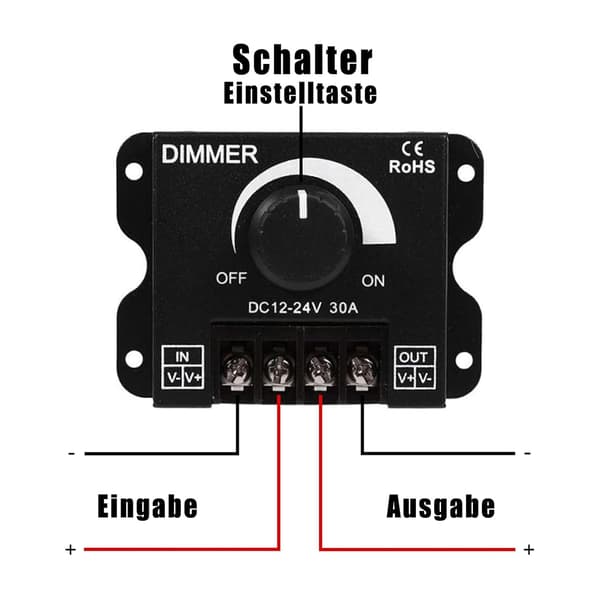 LED lysdæmper, DC 12V-24V, 30A, 360W, PWM-controller, sort aluminiumshus (2)