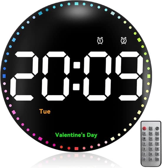 25 cm 7-färgs skiftande digital väggklocka med timer, datum och 2 alarm