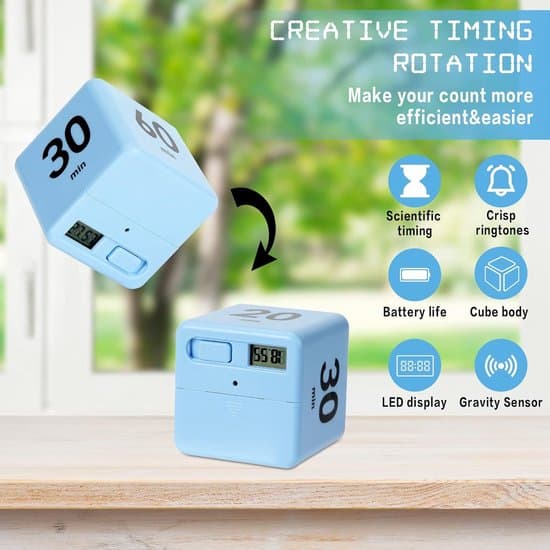 Elektronisk terningtimer til studie og køkken (7x7x7cm, blå), 15/20/30/60 min & brugerdefineret nedtælling (uden batteri).