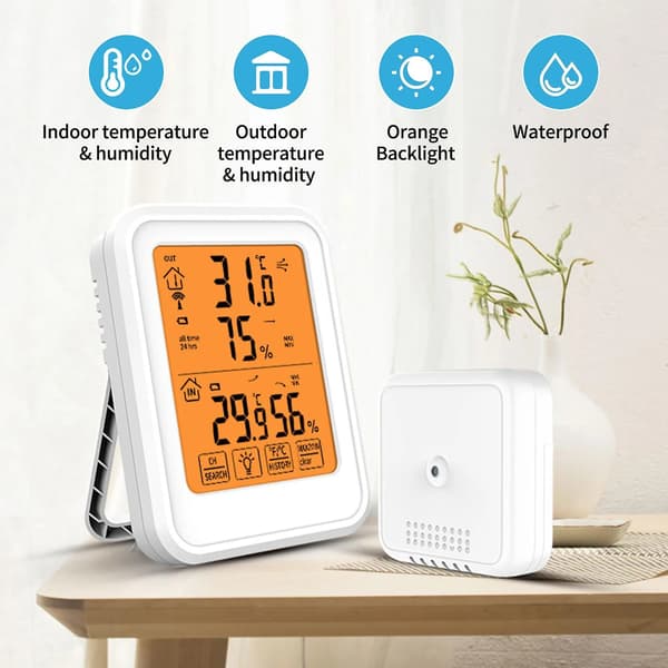 Trådlös termohygrometer, digital termometer, hygrometer, inomhus-/utomhushygrometer, LCD-display (svart---batteri ingår ej)
