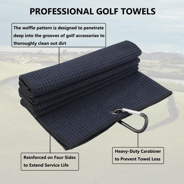 3-pack stora golfhanddukar - trefaldig mikrofiber våffel med karbinhake - 40x40cm