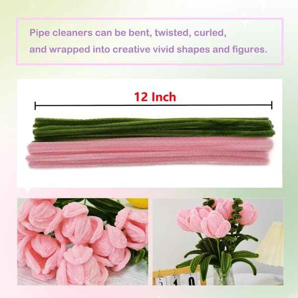 200-delars rosa/grön chenille piprensare & blomtejp pysselset