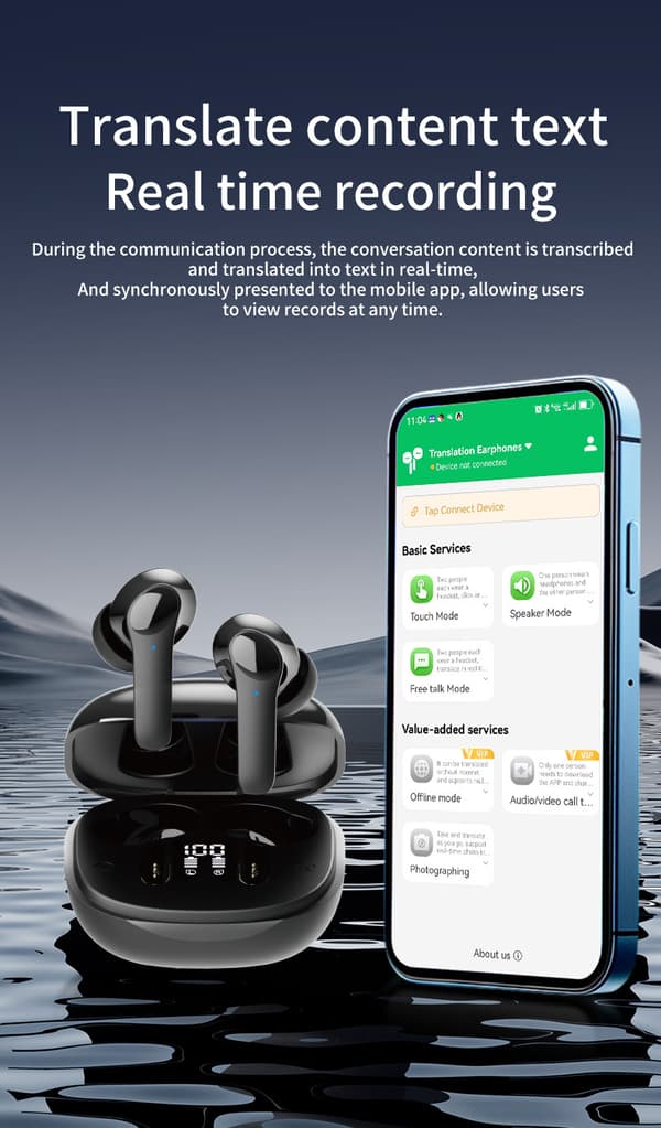Smarta röstöversättningshörlurar, binaurala, 140+ språk, Bluetooth samtidig, vit