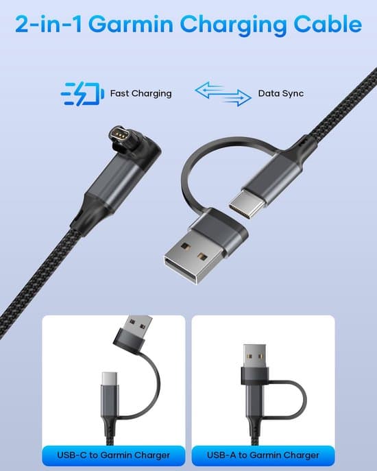 2-i-1 1,2M USB-C & USB-A opladerkabel til Garmin Fenix 8/7/6, Vivoactive, Forerunner