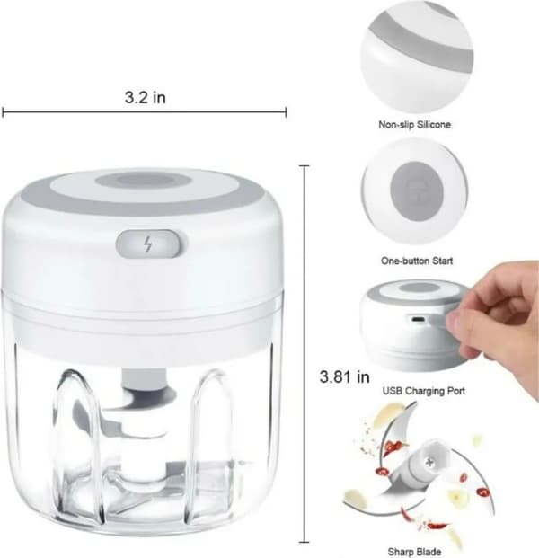 Vit hackare 250 ml, USB-laddningsbar, en-trycks, WP, SS-blad för vitlök & grönsaker