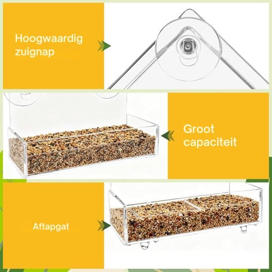 Vinduesfuglefoderbræt - Fuglehus - Med sugekop - Stor gennemsigtig akryl - Fuglefoderbræt - Foderstation - 15x7x16 cm