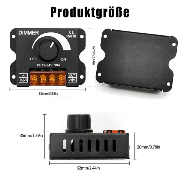LED lysdæmper, DC 12V-24V, 30A, 360W, PWM-controller, sort aluminiumshus (2)