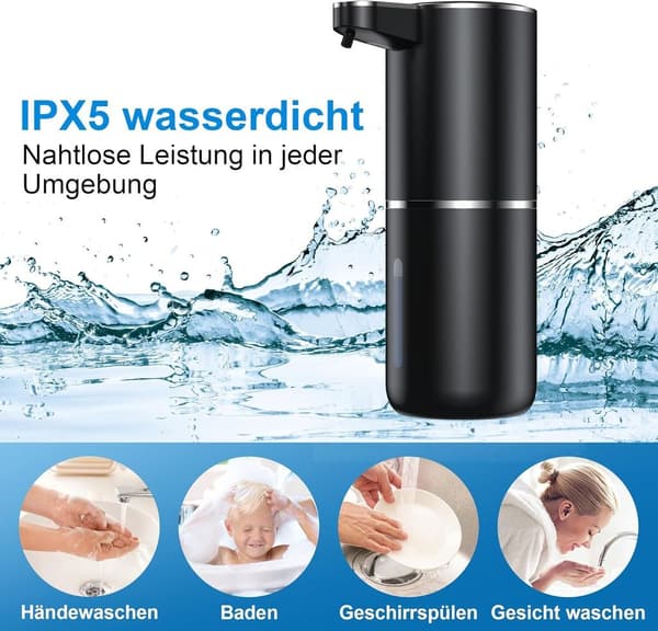 Automatisk sæbedispenser, infrarød sensor sæbedispenser, 380 ml el. sæbedispenser, USB-opladning, IPX5 WP, sort