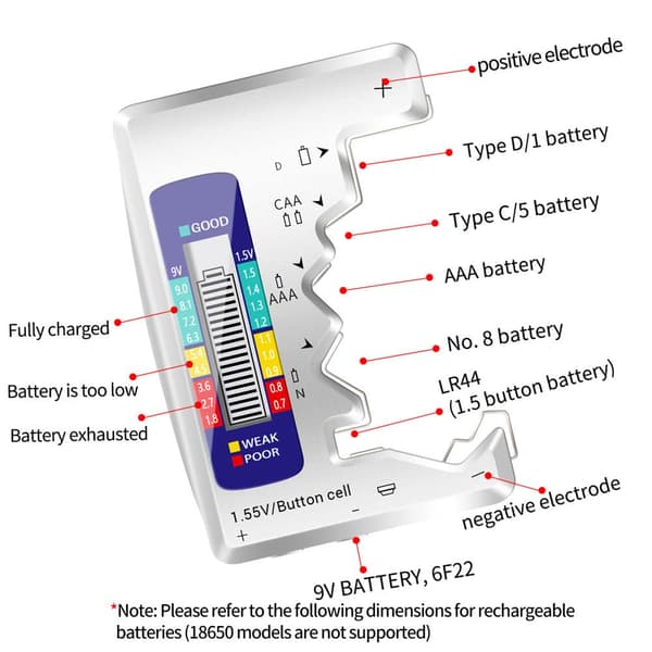 Universal digital batteritester, egnet til alle C, AA, AAA, DN 9V 6F22 1.5V knapcellebatterier.