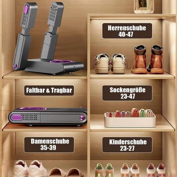 Skotørrer m/ temp. styring, hurtig tørring, timer, foldbart design, Velegnet til alle skostørrelser, 150 watt