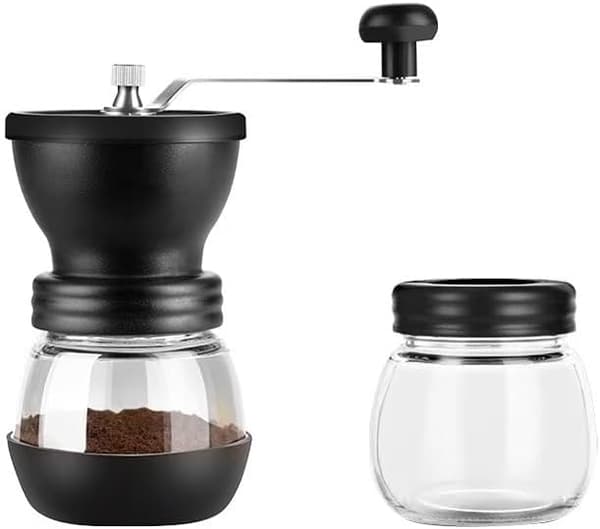Manuel kaffekværn, håndsvinget kaffemaskine, glashus, sort.