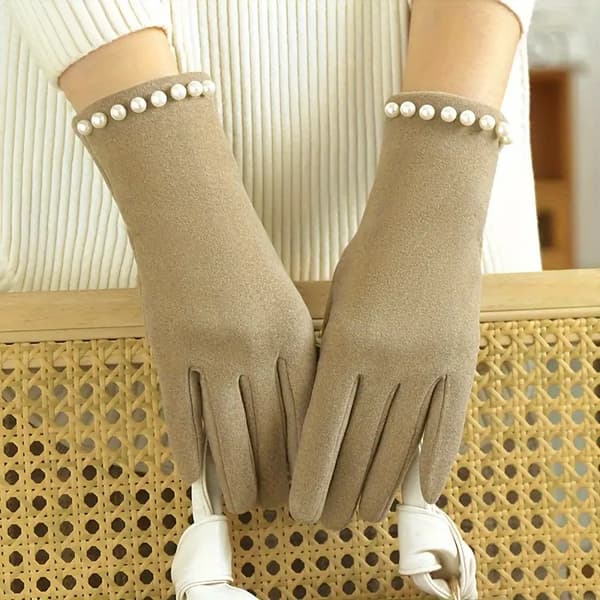 Vinter Touchscreen Handsker til Kvinder 1 Par Afslappet Elastisk Fingerløs Perlebesætning Polyester Strik Vindtæt Maskinvaskbar - Khaki