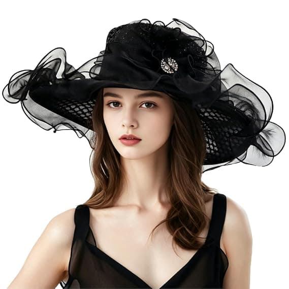 Elegant bryllupshat til kvinder med bred skygge og solbeskyttelse (sort)