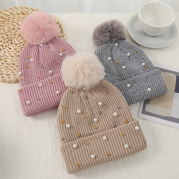 Perlebesat uldhue med pompon, tyk og varm - Pink