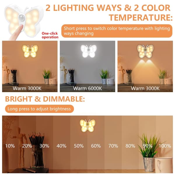 Sommerfugleformet sensor natlampe, 3 tilstande, genopladelig LED, trådløs, magnetisk, designet til børneværelser.