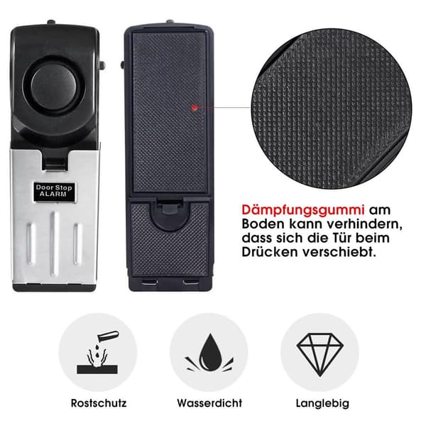 2 installerade smarta dörrstoppslarm, dörrstopp med tryckknapp, stöldlarm, 120 dB, batterier ingår ej