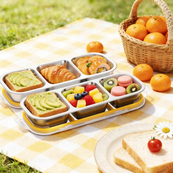 Lækagesikker snackboksbeholder i rustfrit stål med tre rum