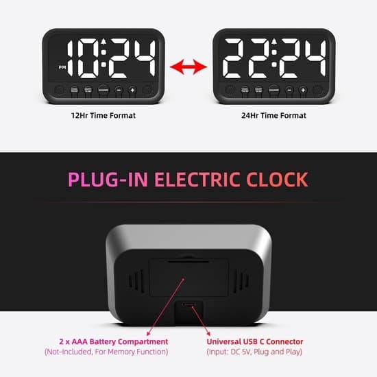 Vit elektrisk LED digital sängbordsväckarklocka med snooze