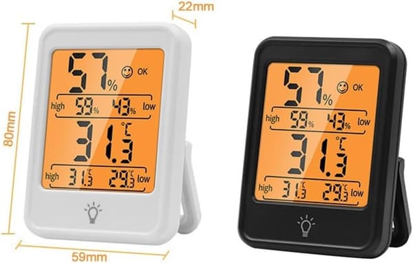 Elektronisk digitalt termometer og indendørs hygrometer, med baggrundsbelysning (sort).