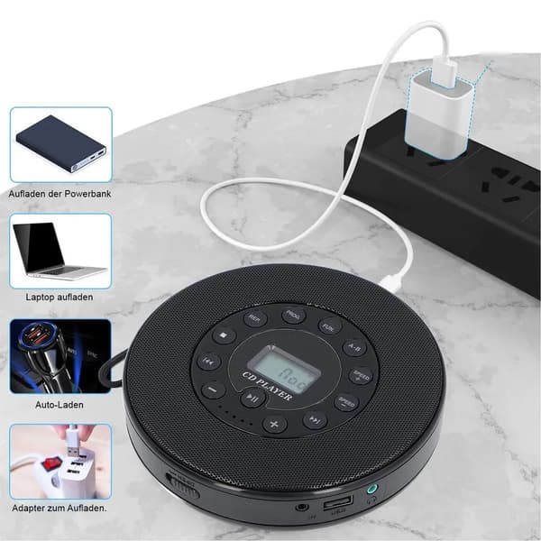 Bärbar CD-spelare med högtalare, uppladdningsbar, 8 timmars batteritid, stötsäker, stöder USB AUX Bluetooth, kompatibel med bil