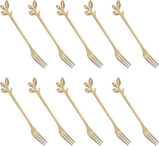 Tårtgafflar - Guldbladsdesign - 10-pack - Rostfritt stål