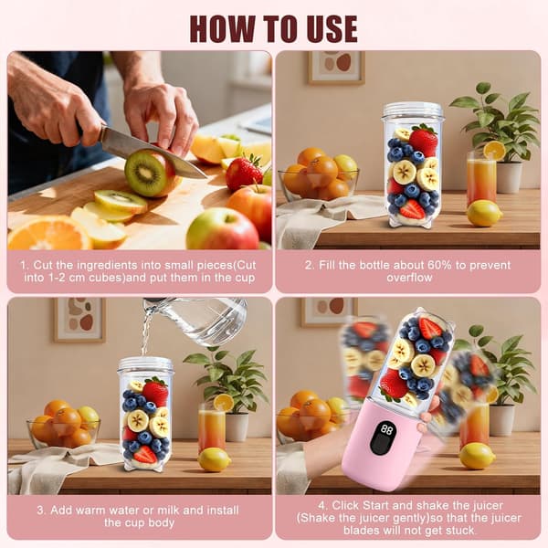 500 ml blender m/ digitalt display, smoothie maker, 16-bladet elektrisk USB juicer, mini blender