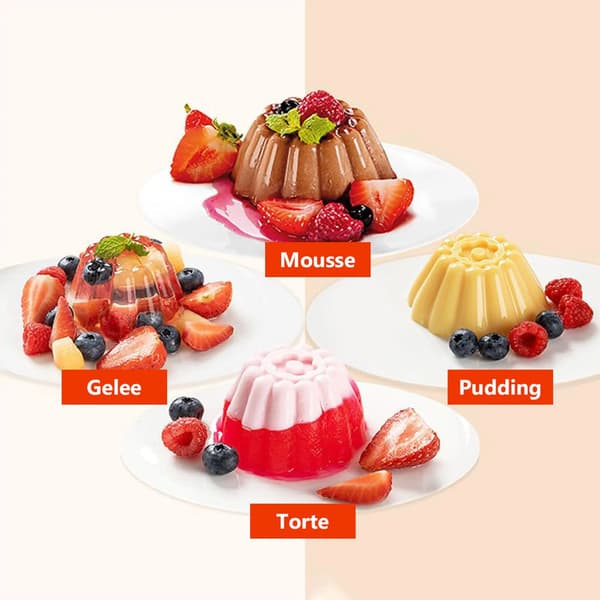 8 buddingforme, genanvendelige buddingkopper, nemme at afforme og rengøre, velegnede til DIY mousse-gelé-desserter.