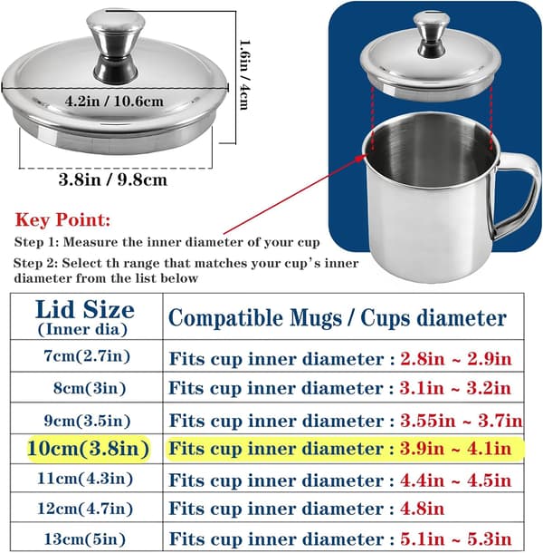 2-pack 10 cm universella dryckeslock i rostfritt stål för koppar, muggar och termosflaskor (silver)