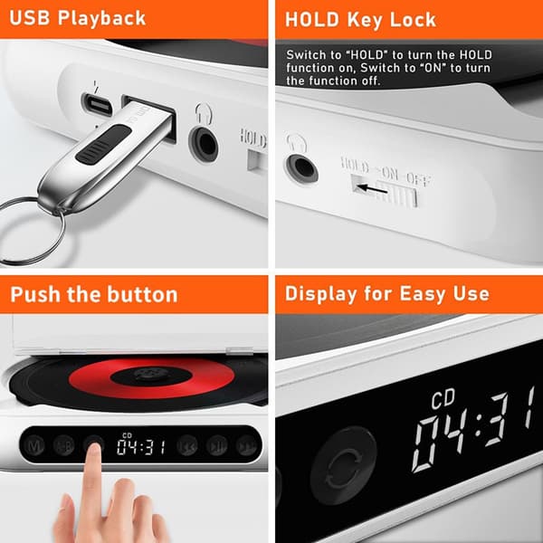 BT CD-spelare, stöder USB-C snabbladdning – Ultratunn & kompakt – Stöder MP3/WMA-format – Lämplig för användning på språng & hemma – Grön