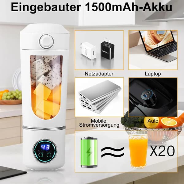 700 ml bærbar blender ledningsfri 12 knive selvrensende USB-C hvid