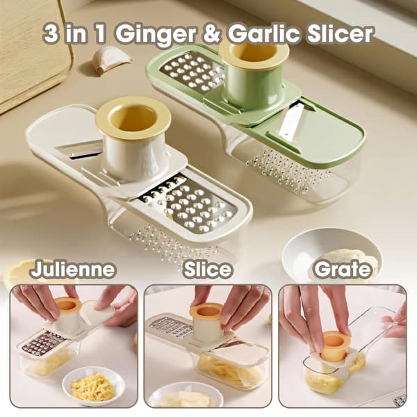2-pack 3-i-1 Mini Mandolinrivare & Vitlöks-/Ingefärsrivare med Handskydd (Vit)