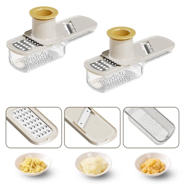 2-pack 3-i-1 Mini Mandolinrivare & Vitlöks-/Ingefärsrivare med Handskydd (Vit)