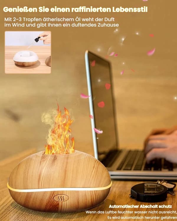 Aromadiffuser med flammeeffektlys, 200 ml diffuser luftfugter, 7-farvet lys aromadiffuser