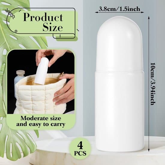 4-pack 50 ml påfyllningsbara plastflaskor med roll-on och lock för eteriska oljor och parfymer (vit)