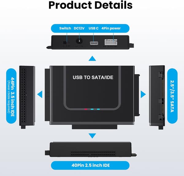 USB 3.0 till IDE SATA-adapter, USB Typ C hårddiskläsare Extern hårddiskadapter för 2,5/3,5 tums IDE SATA HDD SSD, 12V/2A strömadapter ingår