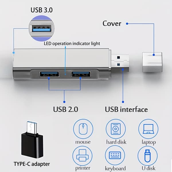 2 stk. adapter splitter 3.0 interface hub computer multifunktionel dockingstation en til tre USB-forlænger (uden usb-c interface)
