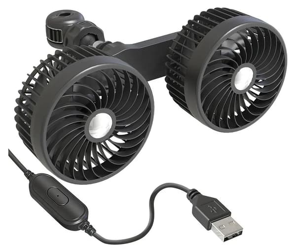 Dobbeltblæser bilventilator, USB-interface, tre hastighedsindstillinger, lydløs motor, 360° rotation, kraftig luftstrøm - Sort