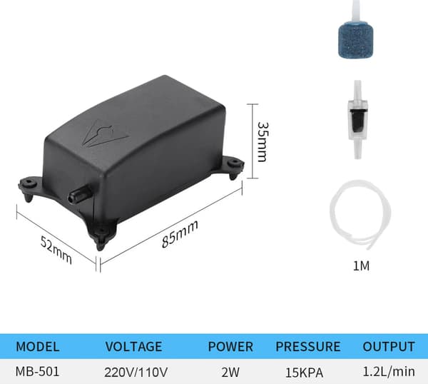 Akvarie-luftpumpkit: Luftpump med backventil, liten och tyst akvarie-luftpump.